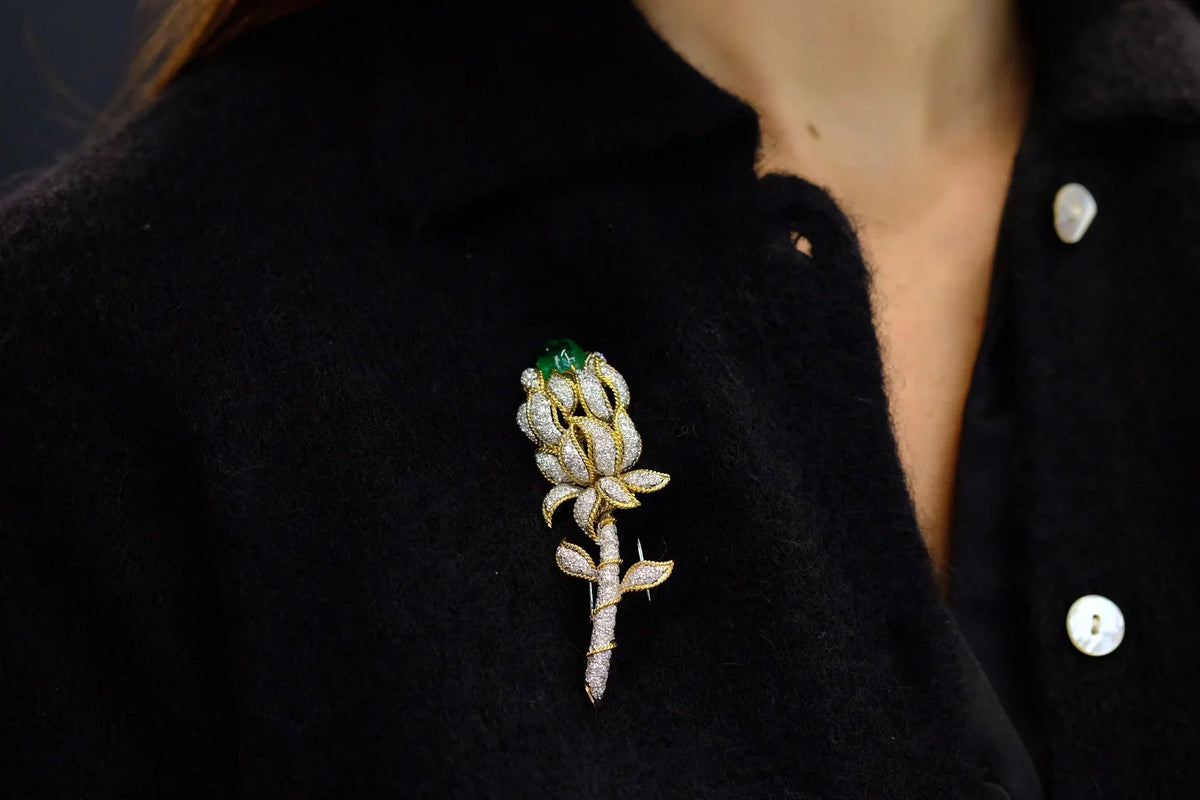 David Webb Platinum & 18K Yellow Gold Green Emerald And Diamond Flower Brooch — view 8 — Laura Milman New York
