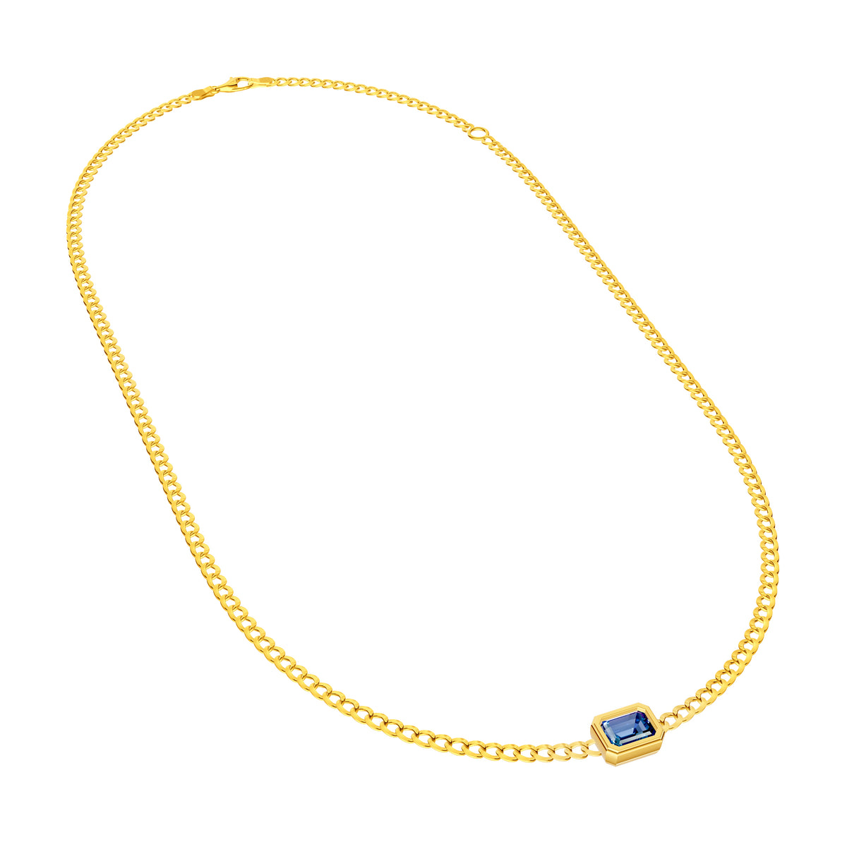 Emerald-Cut London Blue Topaz Curb Necklace in Yellow Gold — view 3 — Laura Milman New York
