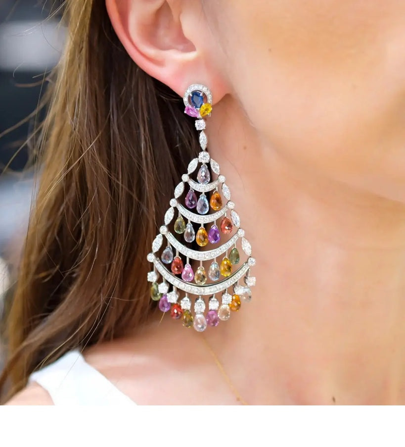 Graff 18K White Gold Multicolor Sapphire & Diamond Chandelier Earrings — view 5 — Laura Milman New York