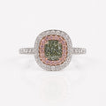 Fancy Green Cushion Diamond Halo Ring in Platinum and 14K Rose Gold view 1