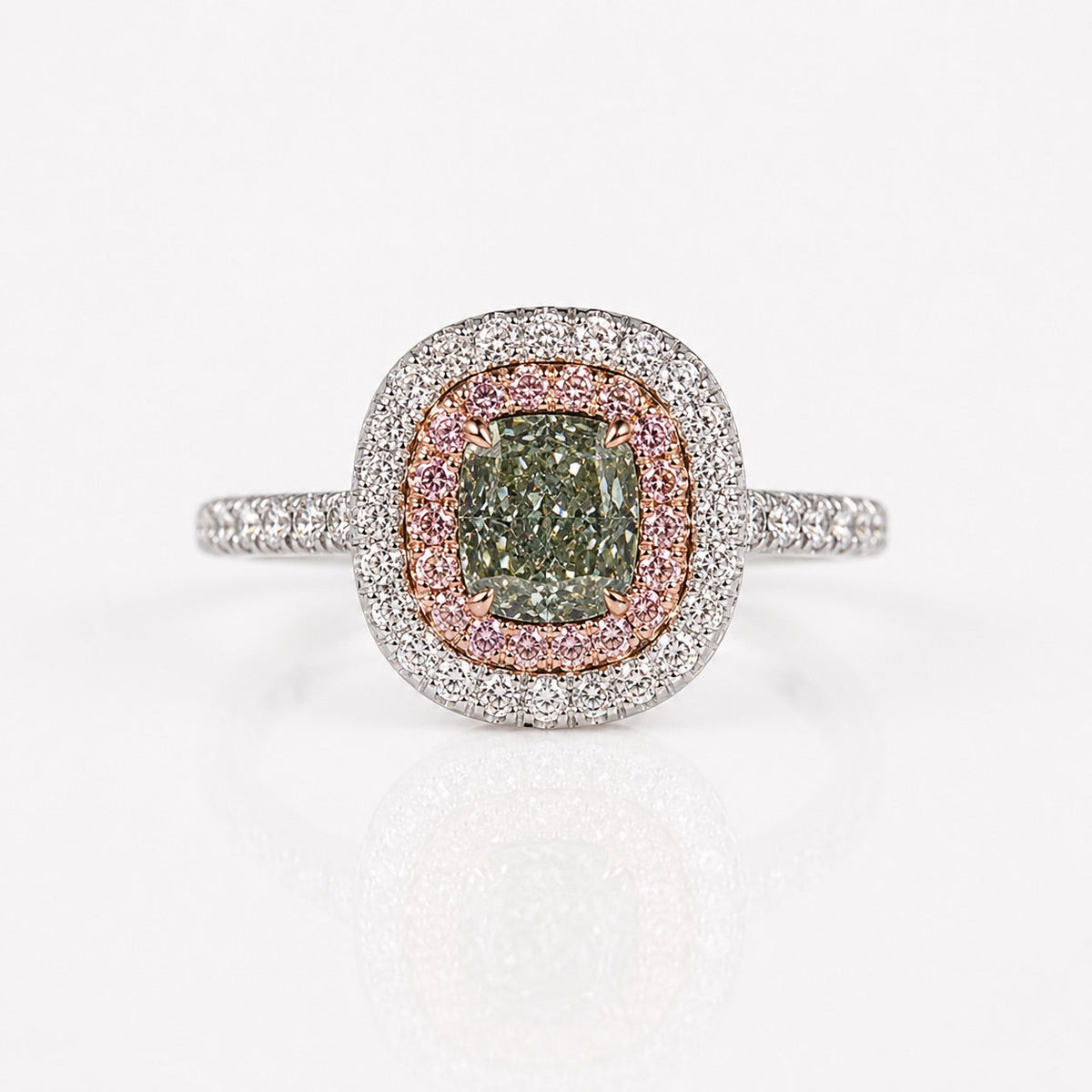 1.03ct Fancy Grayish Yellowish Green Cushion Diamond Double Halo Ring SI1 GIA — Laura Milman New York