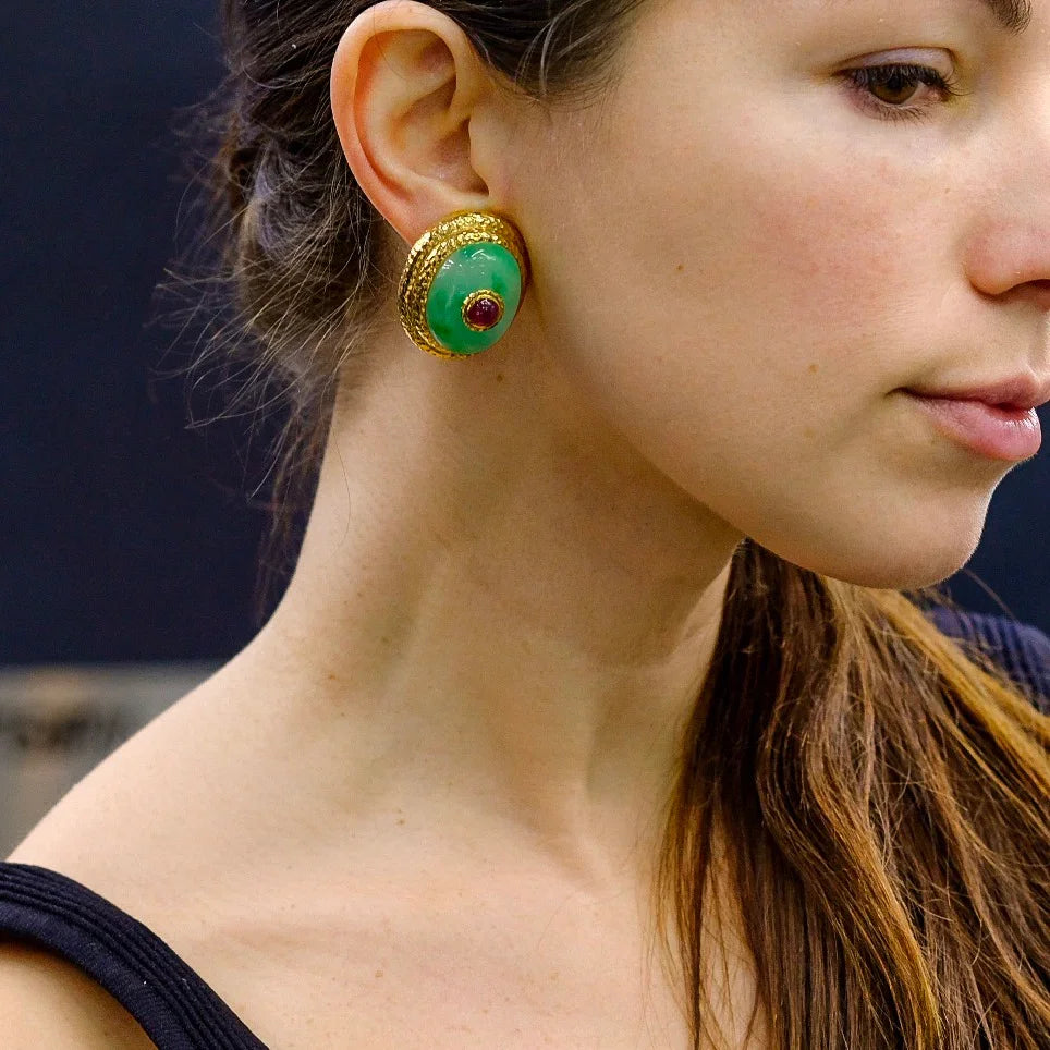 David Webb Platinum & 18K Yellow Gold Large Oversized Jade Ruby Clip On Earrings — view 5 — Laura Milman New York