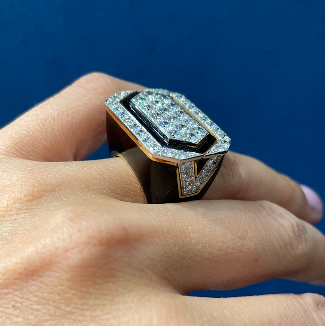 David Webb Platinum & 18K Yellow Gold Black Enamel And Diamond Ring — view 7 — Laura Milman New York