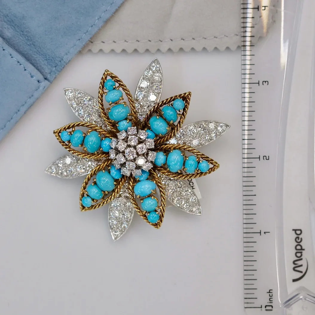David Webb Platinum & 18K Yellow Gold Turquoise, Diamond Flower Brooch — view 8 — Laura Milman New York