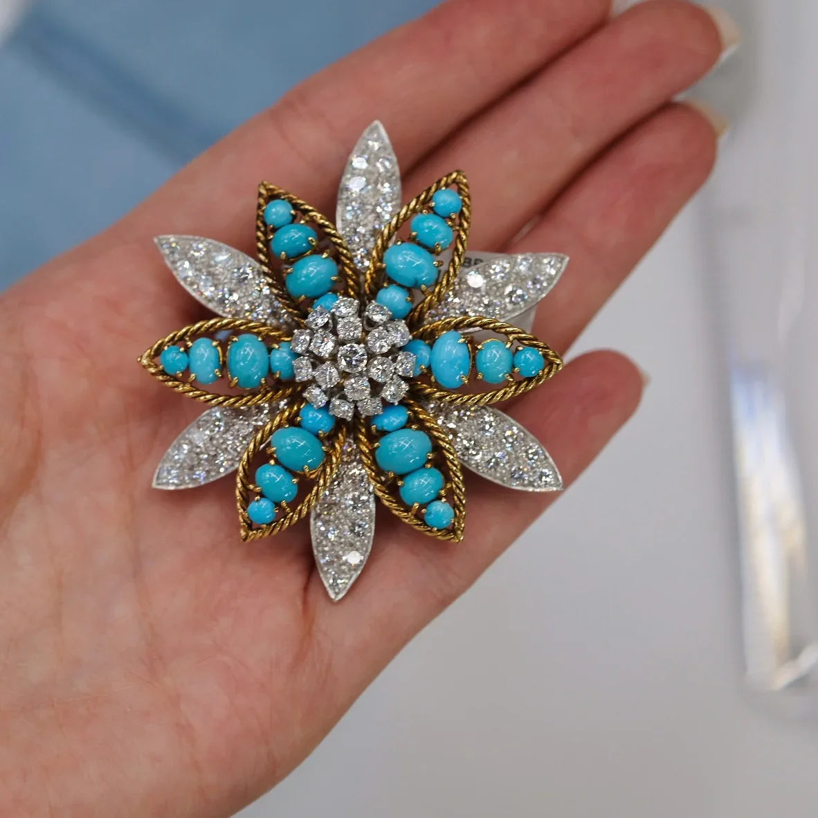 David Webb Platinum & 18K Yellow Gold Turquoise, Diamond Flower Brooch — view 6 — Laura Milman New York