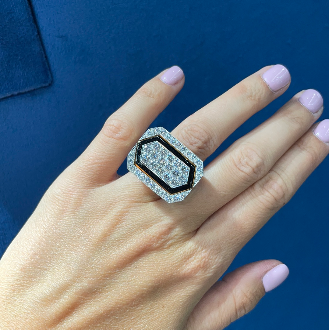 David Webb Platinum & 18K Yellow Gold Black Enamel And Diamond Ring — view 5 — Laura Milman New York