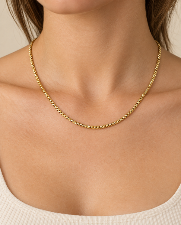 2.5mm Box Chain Necklace in 14K Yellow Gold — on-body view