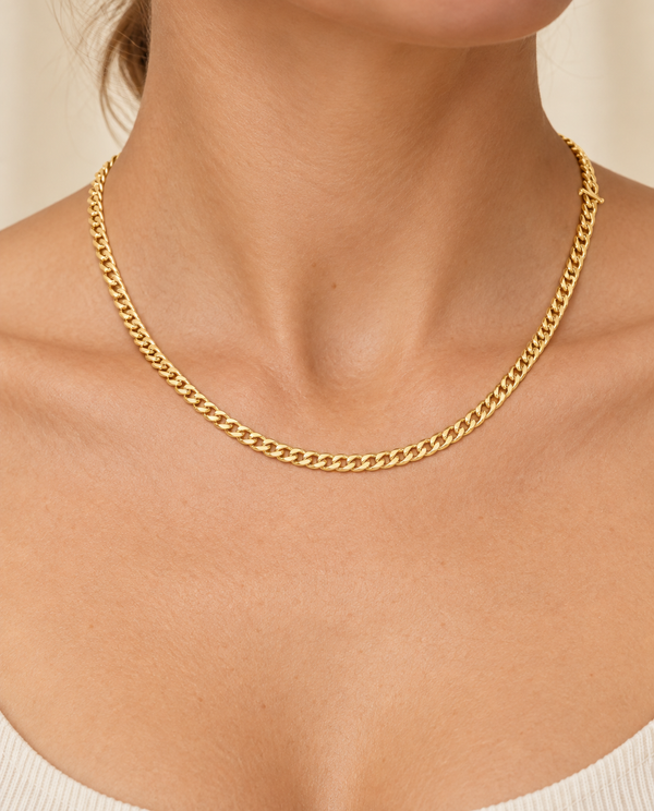 3.9mm Cuban Chain Necklace in 14K Yellow Gold — on-body view