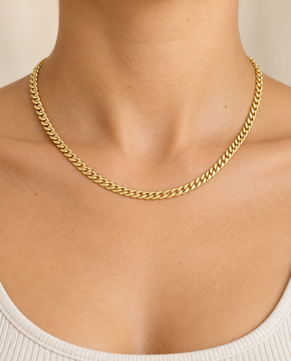 5mm Cuban Chain Necklace in 14K Yellow Gold — on-body view