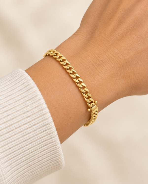 5mm Cuban Chain Bracelet in 14K Yellow Gold — on-wrist view