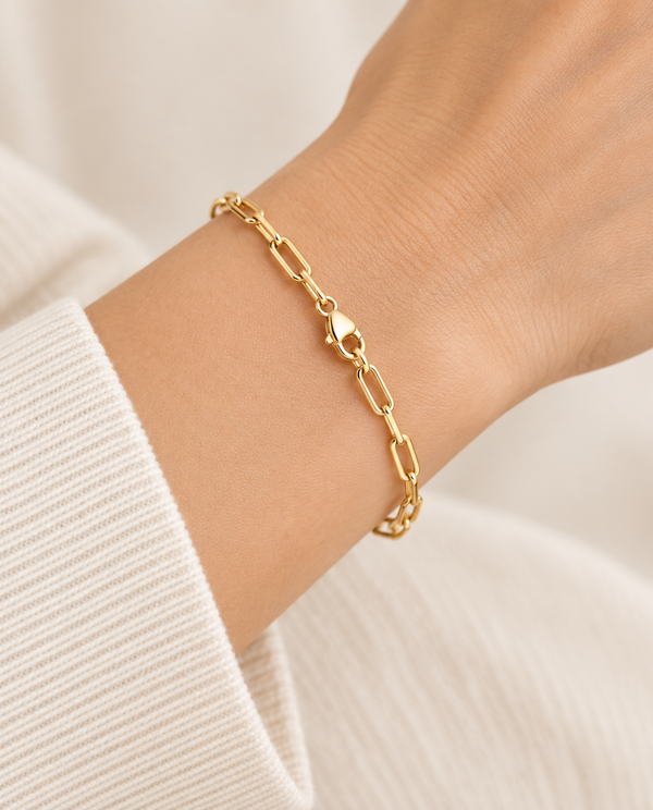 4.1mm Paperclip Chain Bracelet in 14K Yellow Gold — on-wrist view