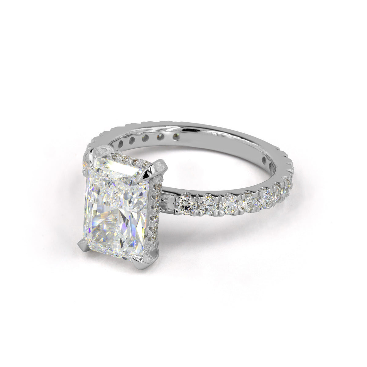 Radiant Pavé Hidden Halo setting design reference in 14K white gold; pictured center diamond is not included — Laura Milman New York
