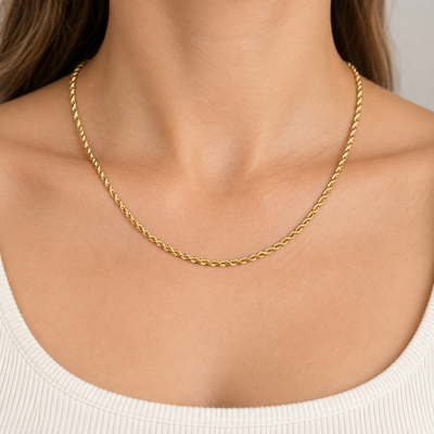 2.7mm Rope Chain Necklace in 14K Yellow Gold — on-body view