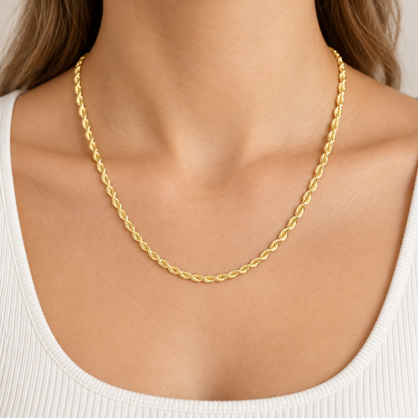 3mm Rope Chain Necklace in 14K Yellow Gold — on-body view