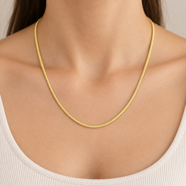 2.6mm Snake Chain Necklace in 14K Yellow Gold — on-body view