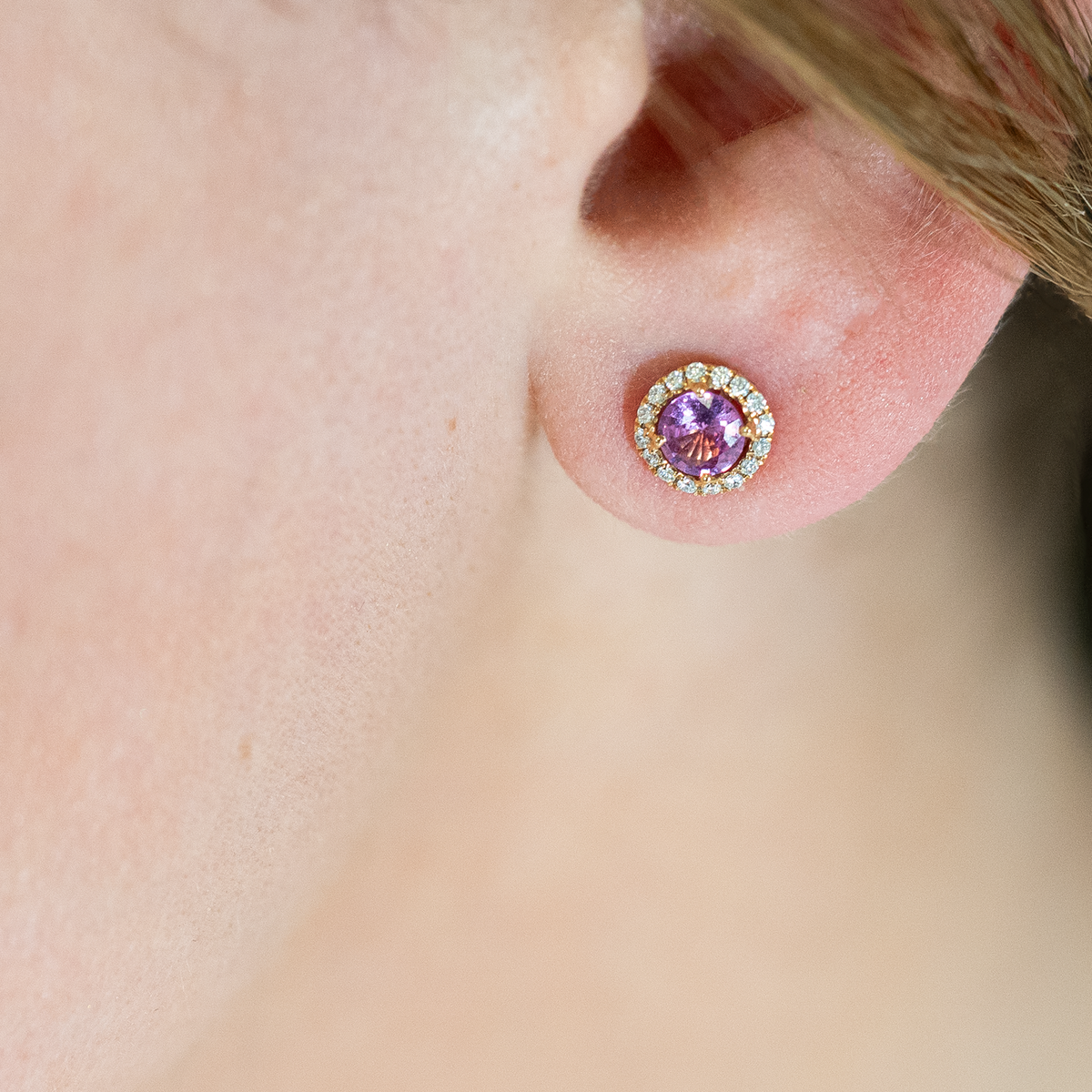 Pink Sapphire in Diamond Halo Studs - Laura Milman New York