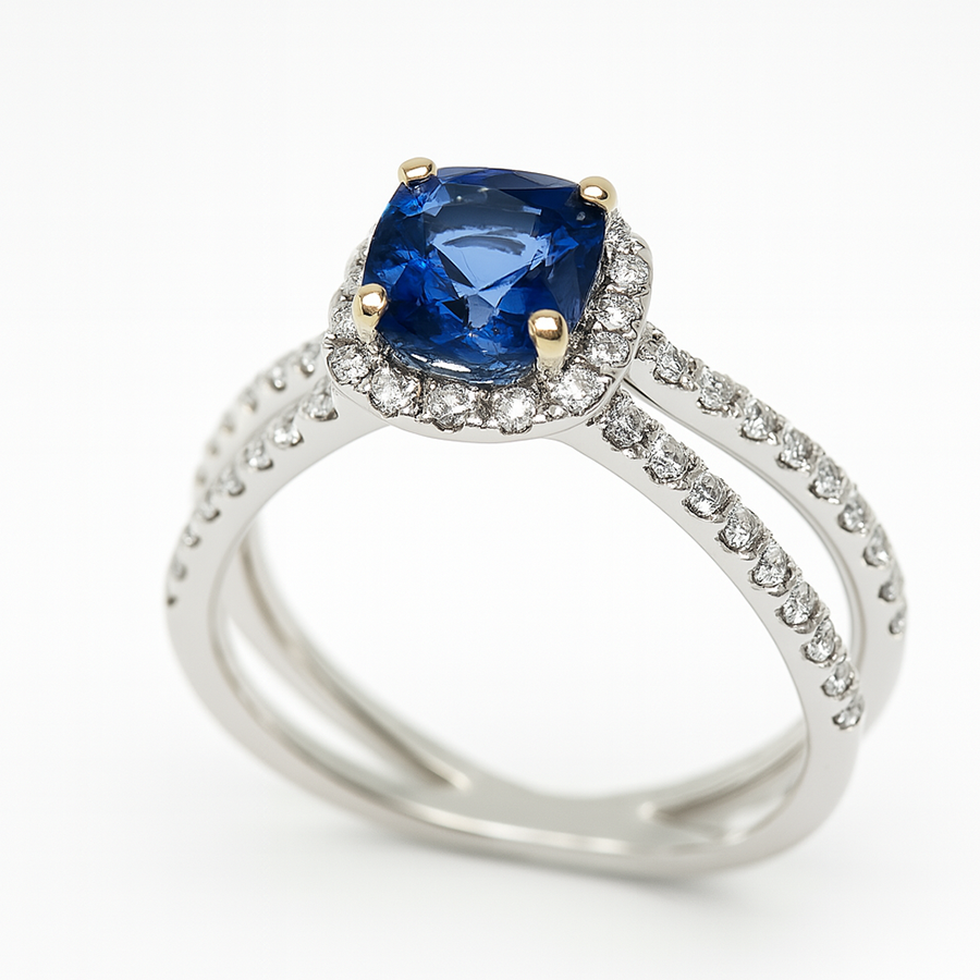 Blue Sapphire Halo Ring with Diamond Ring - Laura Milman New York
