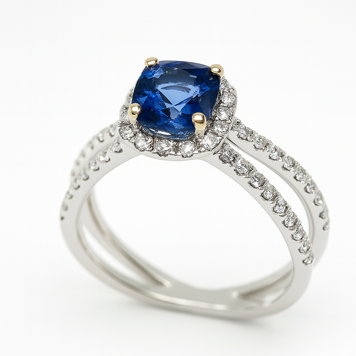 Blue Sapphire Halo Ring with Diamond Ring