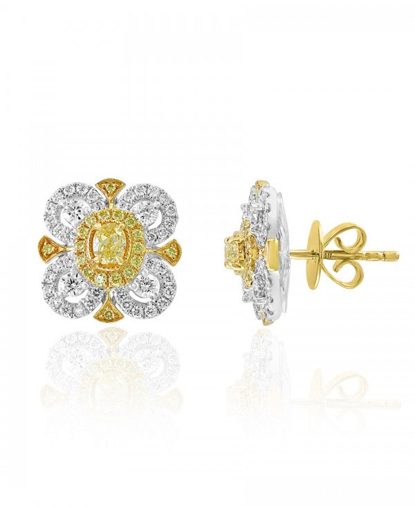 Flower Petal Diamond Stud Earrings in 14k White & Yellow Gold - Laura's Gems