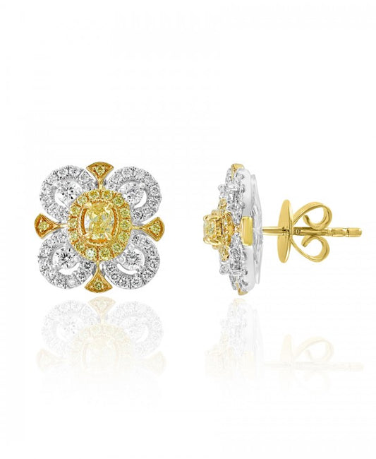 Flower Petal Diamond Stud Earrings in 14k White & Yellow Gold - Laura's Gems