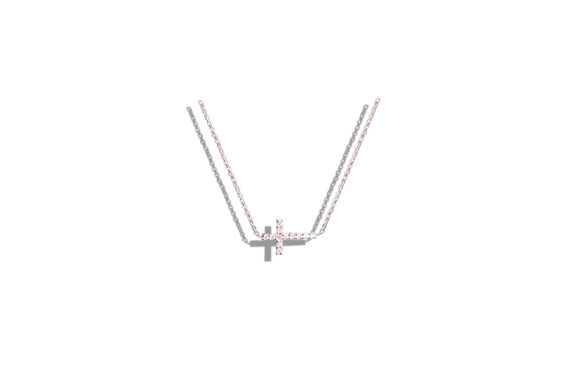 Sideways Small Diamond Cross Necklace in 18k White Gold - Laura's Gems