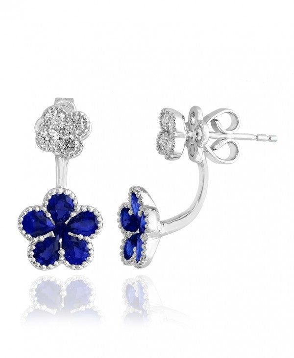 Flower Petal Sapphire Diamond Earrings in 14k White Gold - Laura's Gems