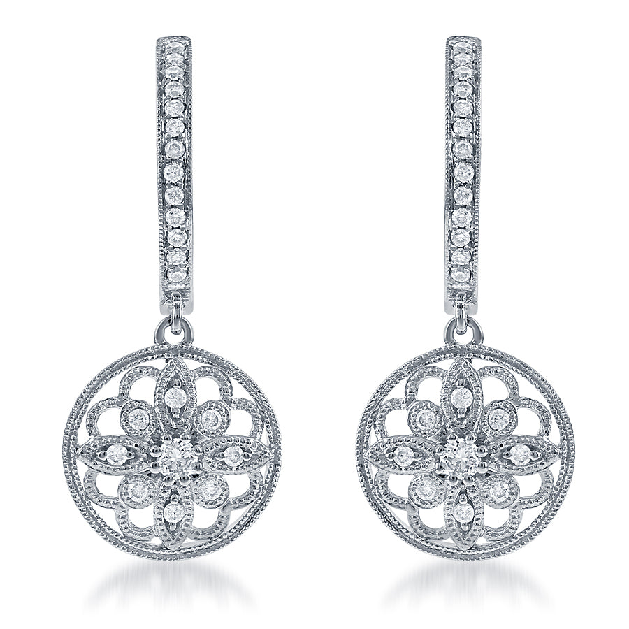Diamond Dangle Flower Petal Earrings in 18k White Gold - Laura's Gems