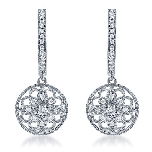 Diamond Dangle Flower Petal Earrings in 18k White Gold - Laura's Gems