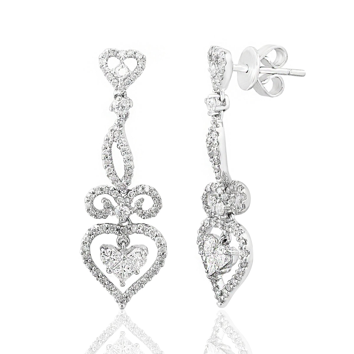 Diamond Heart Drop Earrings in 18k White Gold - Laura's Gems