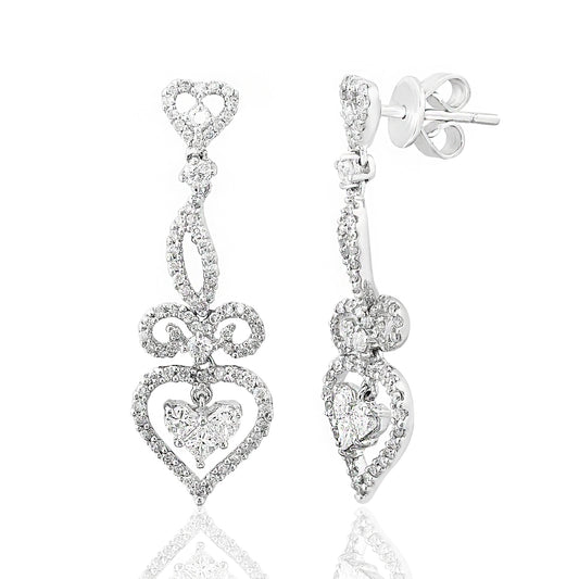 Diamond Heart Drop Earrings in 18k White Gold - Laura's Gems