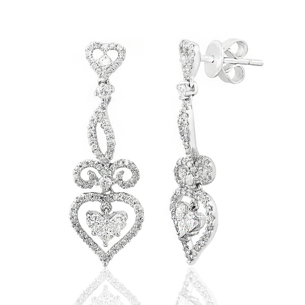 Diamond Heart Drop Earrings in 18k White Gold - Laura's Gems