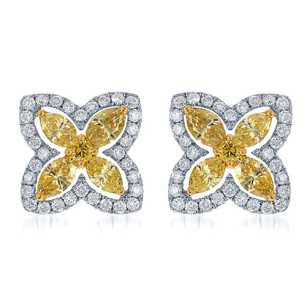 Yellow Diamond Flower Petal Earrings in 18k White Gold - Laura's Gems