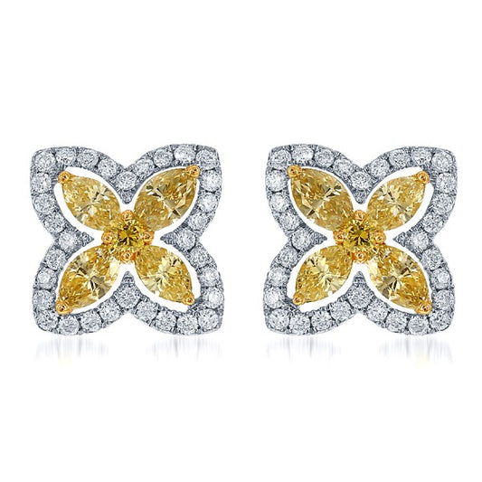 Yellow Diamond Flower Petal Earrings in 18k White Gold - Laura's Gems