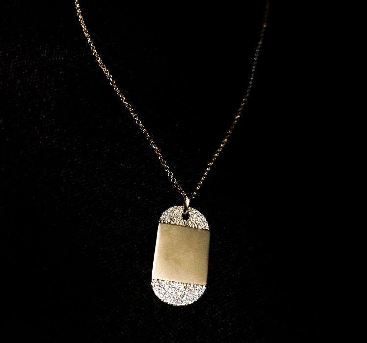 Mini Matte Gold Dog Tag Pendant With Diamonds - Laura's Gems