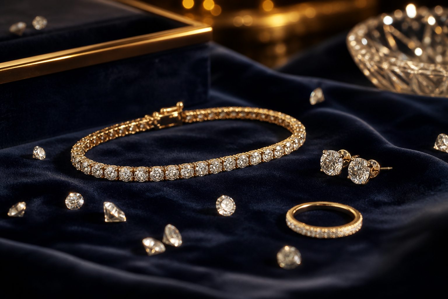 Gold diamond tennis bracelet, diamond studs and a diamond band on navy velvet